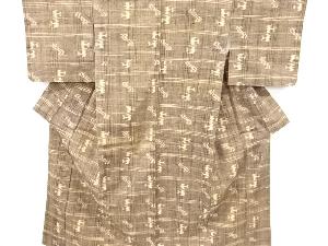 アンティーク　格子に絣柄織り出し手織り真綿紬着物